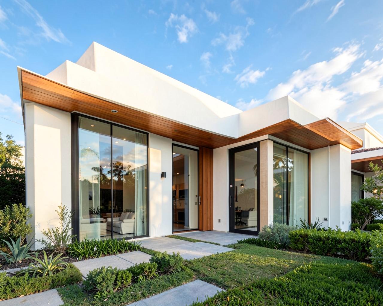 Modern California luxury home with white stucco, wood accents, and floor-to-ceiling glass