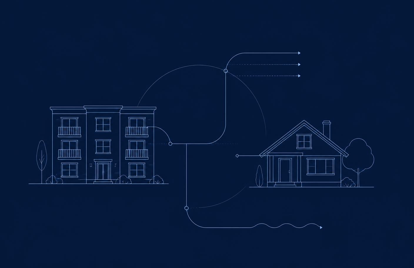 Line drawing of a multi-unit rental building and a single family home